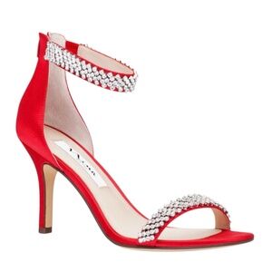 NINA Vauna satin embellished ankle strap red evening heels women’s Size 8M